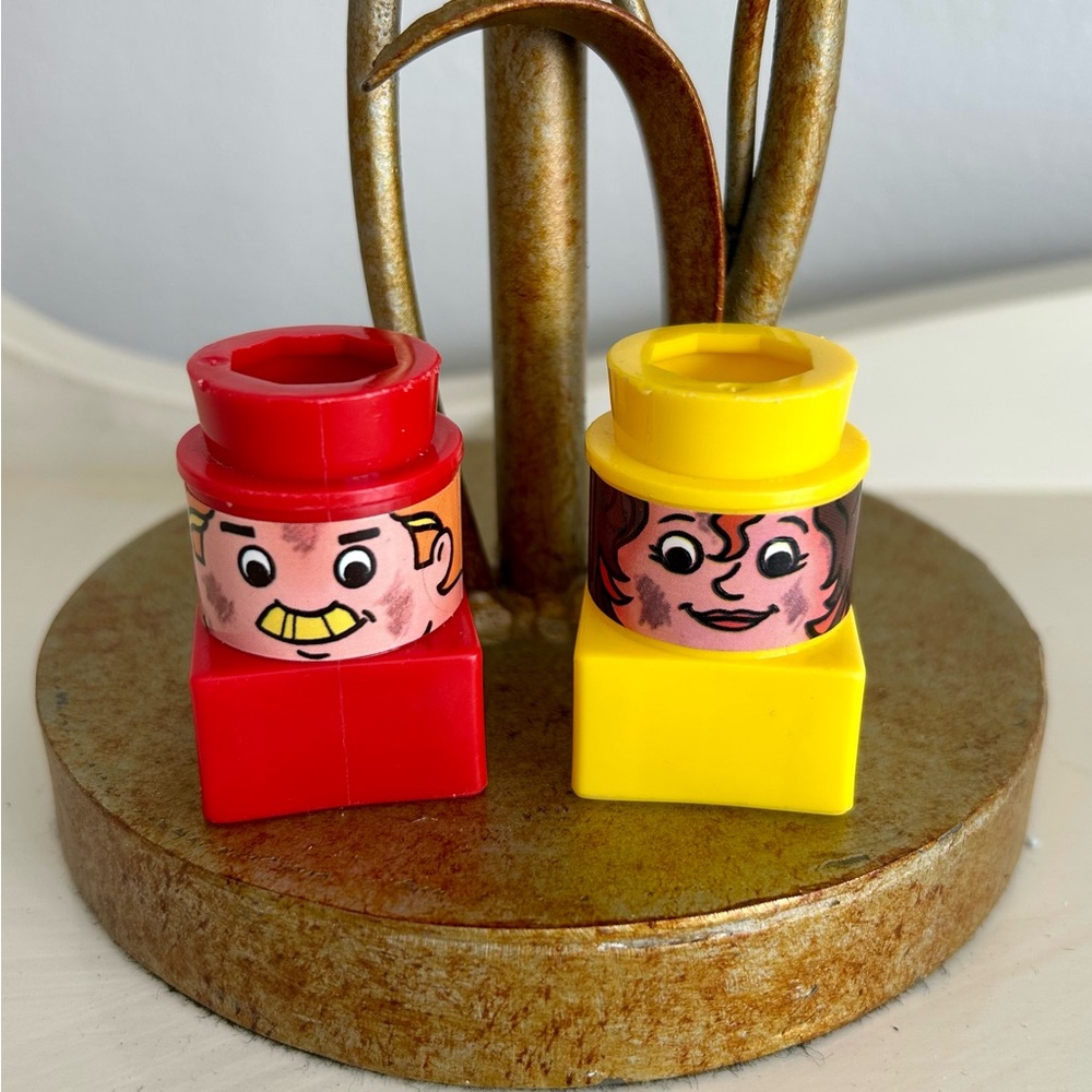 Two Vintage Ritvik Mega Bloks, man and woman, two sided faces, 1980’s